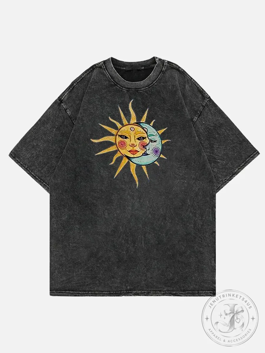 Celestial Sun and Moon Face Graphic Washed Black T-Shirt