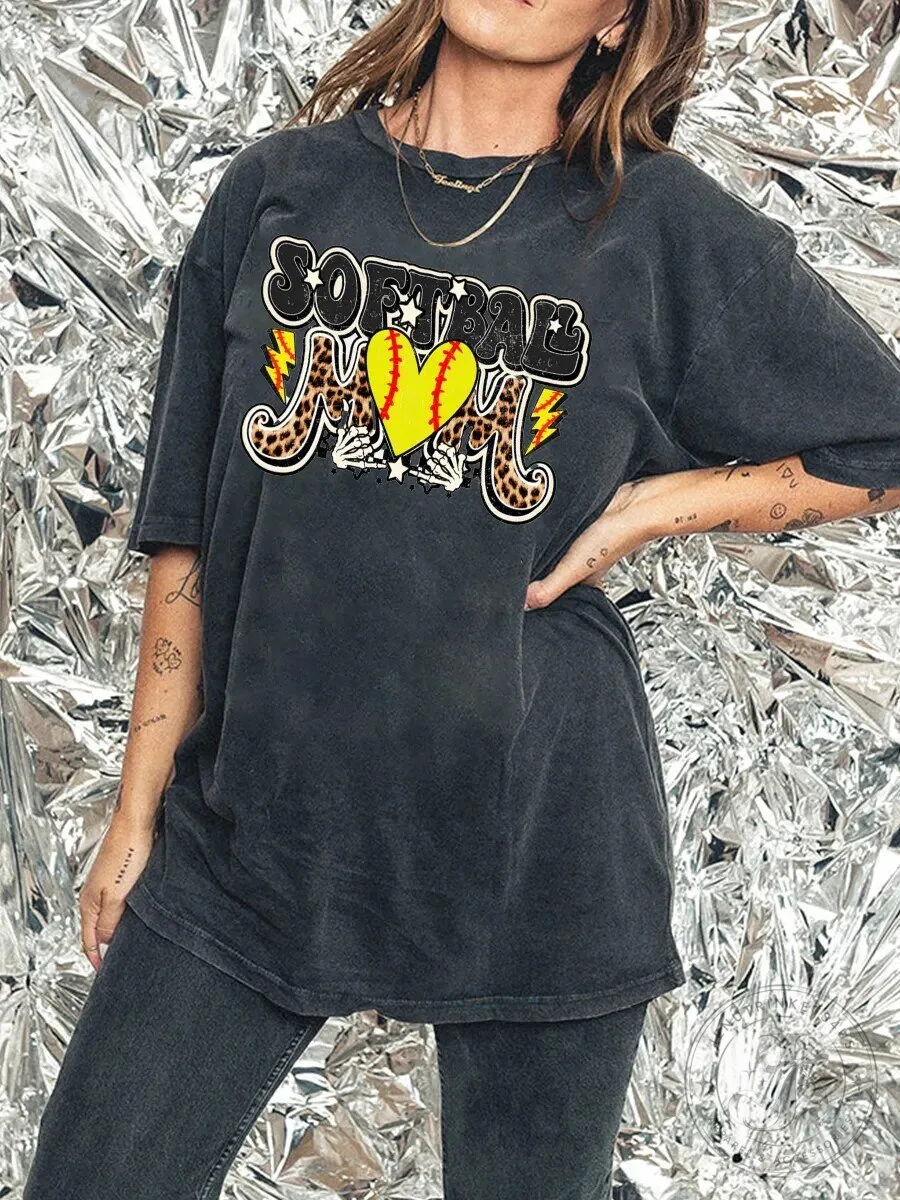 Softball Mom Leopard Heart Graphic Oversized Washed T-Shirt