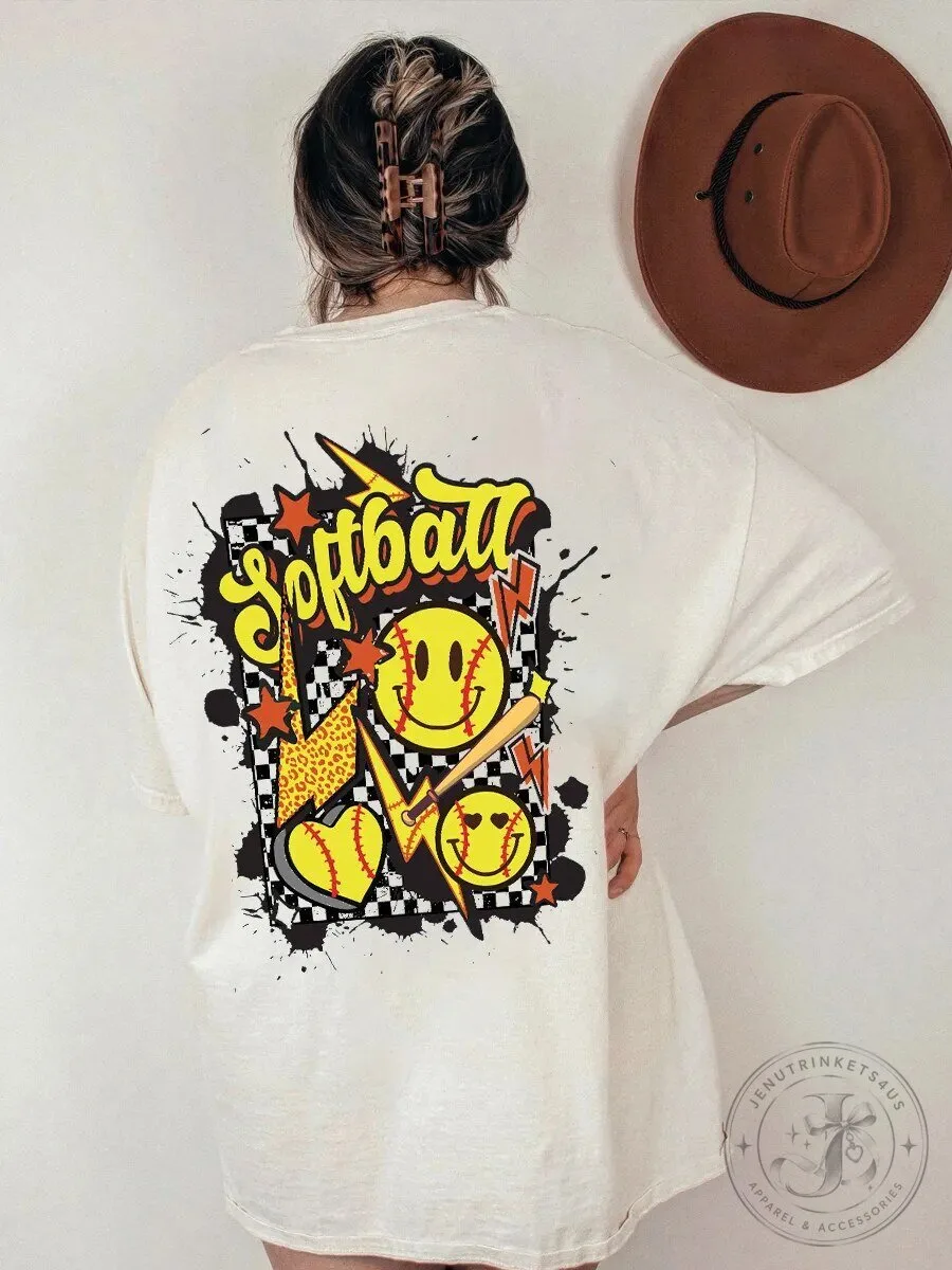 Retro Softball Smiley Face Checkerboard Lightning Bolt T-Shirt
