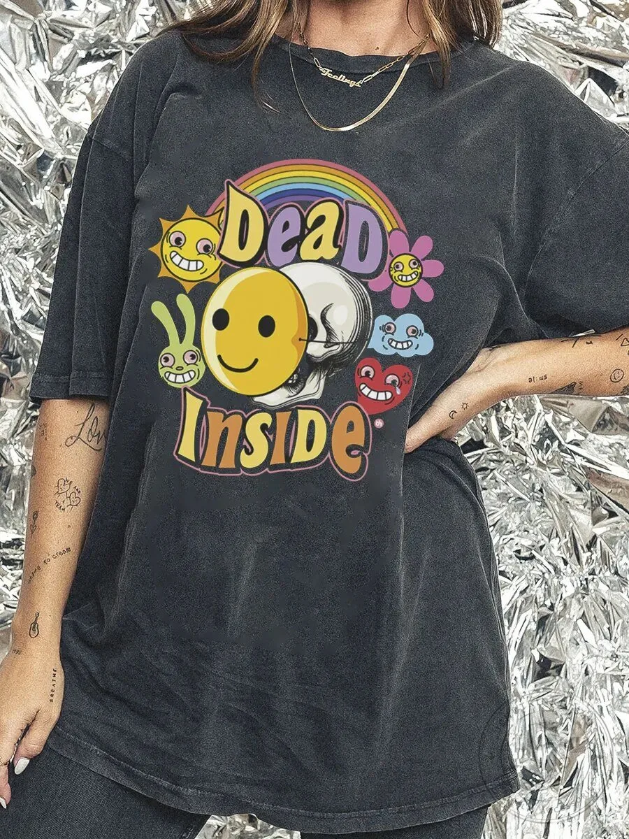 Dead Inside Distressed Washed Rainbow Skull Happy Face T-Shirt