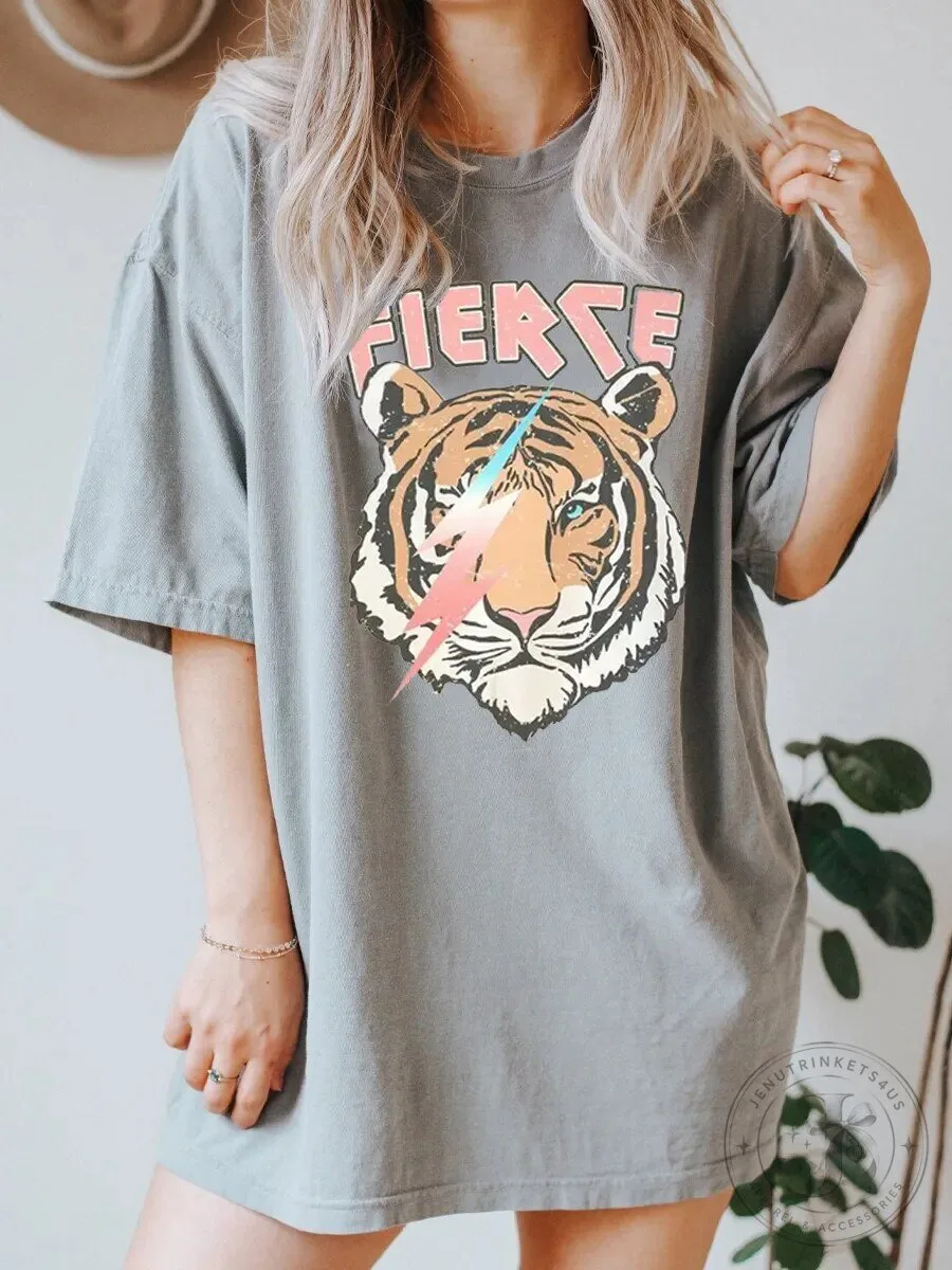 Fierce Tiger Lightning Bolt Graphic Oversized T-Shirt