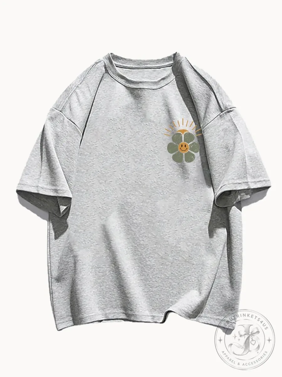 Smiley Face Flower Sunshine Graphic Short Sleeve Crewneck T-Shirt