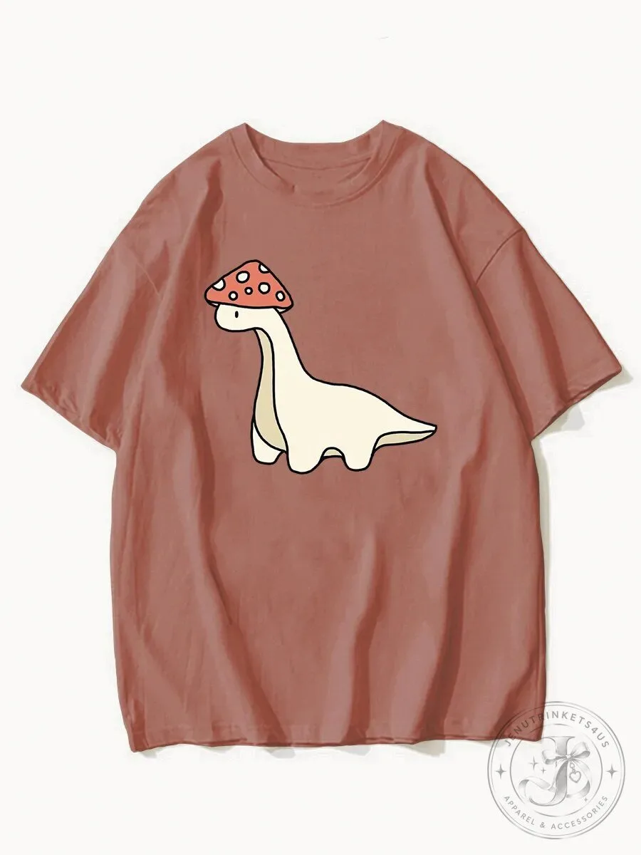Cute Mushroom Dinosaur Graphic Print Short Sleeve T-Shirt